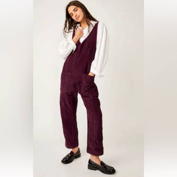 Free People High Roller Corduroy Jumpsuit Overalls Ankle Length Italian Plum